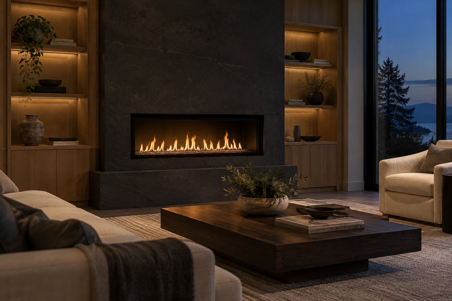 An inviting contemporary living room with a warm fireplace